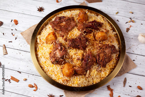 Rice with mutton. It is a spicy food of Asian. It is also very popular in South Asia called Biriani.