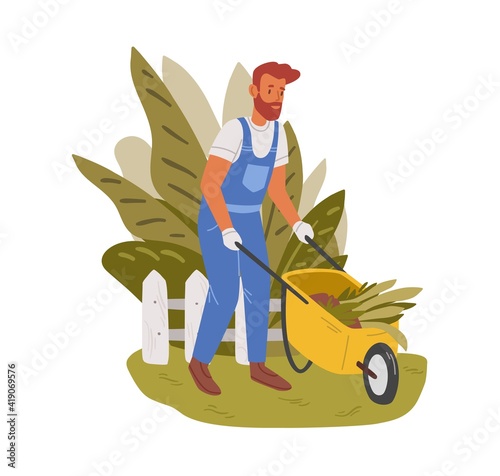 Gardener working in garden in summer. Male handyman carrying wheelbarrow and cleaning backyard. Colored flat vector illustration of professional worker with barrow isolated on white background