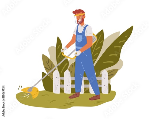 Gardener working on backyard and mowing lawn with electric mower. Male handyman cutting grass in garden. Colored flat cartoon vector illustration of professional worker isolated on white background