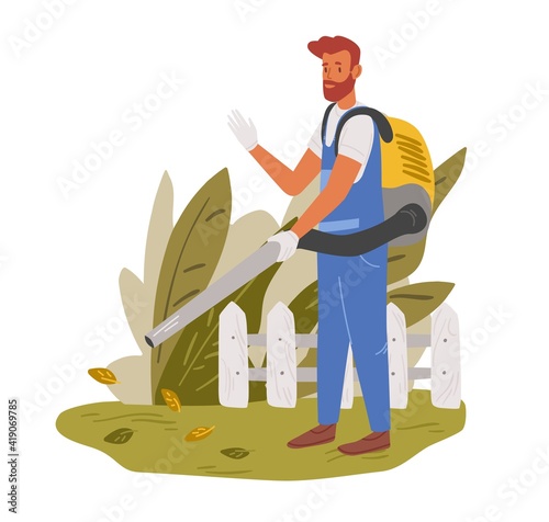 Gardener working on backyard in autumn. Male handyman cleaning ground and collecting leaves with garden vacuum. Colored flat vector illustration of professional worker isolated on white background