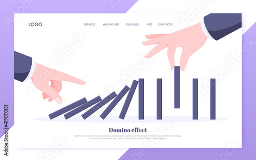 Domino effect business concept. One hand starts chain reaction of falling board game blocks of dominoes and another hand stops it landing page flat style design vector illustration.