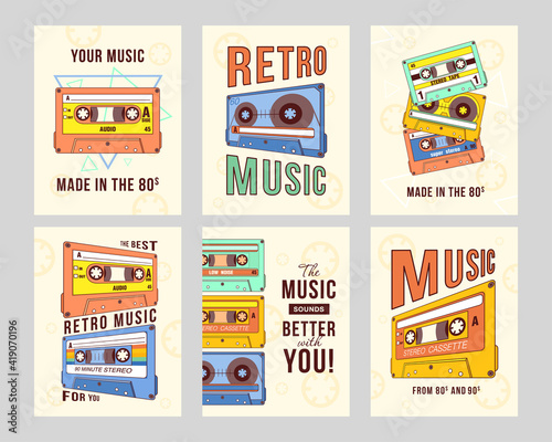 Bright greeting card designs with stereo cassettes. Colored cards with audio tape records and text. Retro music and audio equipment concept. Template for promotional leaflet or flyer