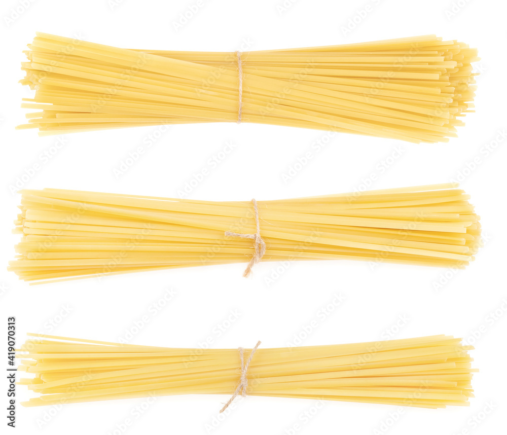 Collage bunch of pasta isolated on white background. spaghetti tied with rope Collage bunch of pasta isolated on white background. spaghetti tied with rope