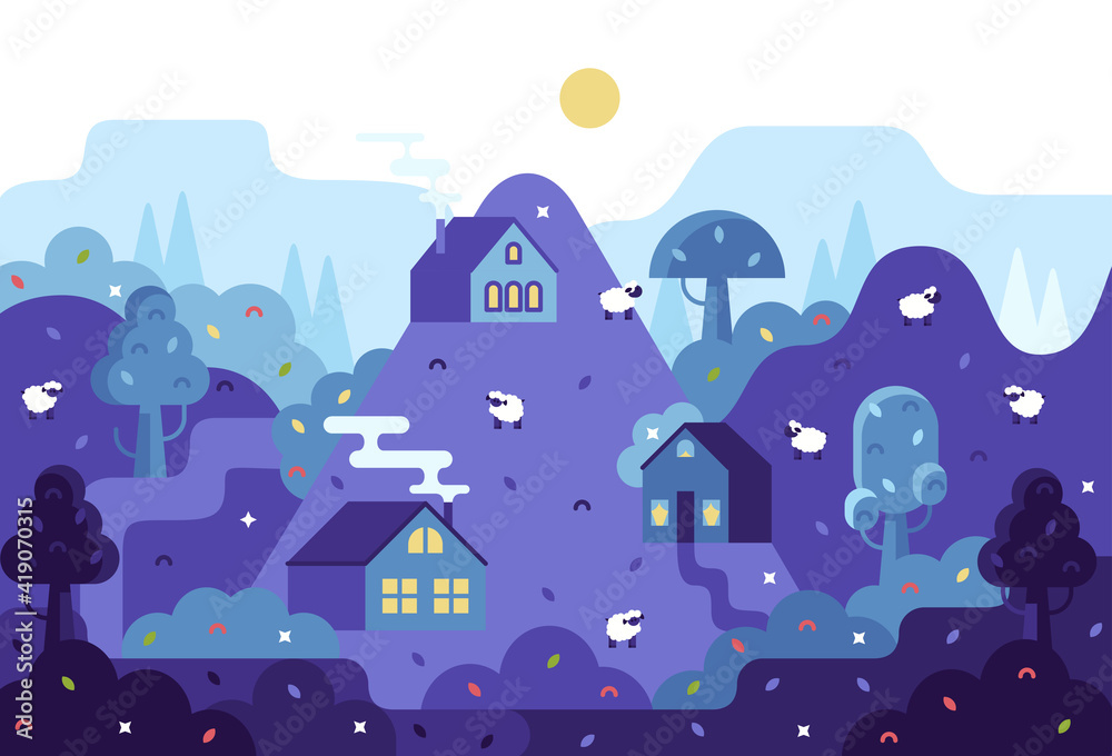 Vector cartoon panorama illustration in flat cartoon stile. Village houses and sheep walking in the fields