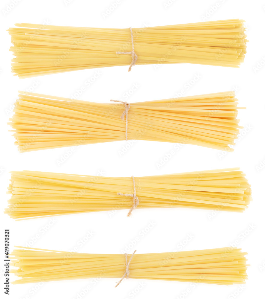 Collage bunch of pasta isolated on white background. spaghetti tied with rope Collage bunch of pasta isolated on white background. spaghetti tied with rope
