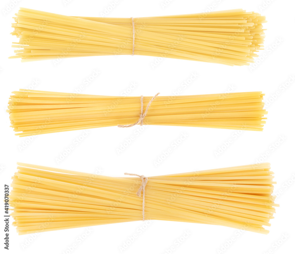 Collage bunch of pasta isolated on white background. spaghetti tied with rope Collage bunch of pasta isolated on white background. spaghetti tied with rope