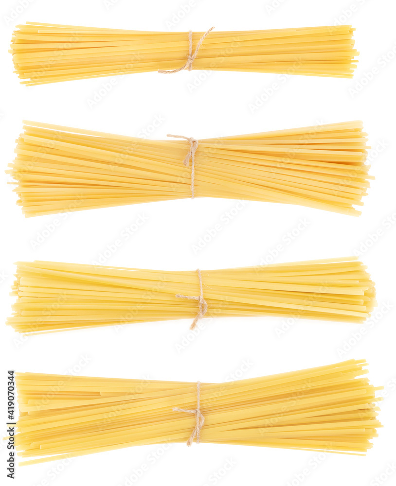 Collage bunch of pasta isolated on white background. spaghetti tied with rope Collage bunch of pasta isolated on white background. spaghetti tied with rope