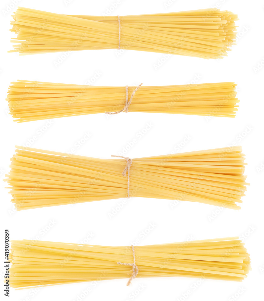 Collage bunch of pasta isolated on white background. spaghetti tied with rope Collage bunch of pasta isolated on white background. spaghetti tied with rope