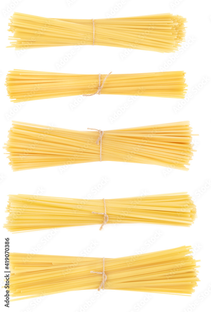 Collage bunch of pasta isolated on white background. spaghetti tied with rope Collage bunch of pasta isolated on white background. spaghetti tied with rope