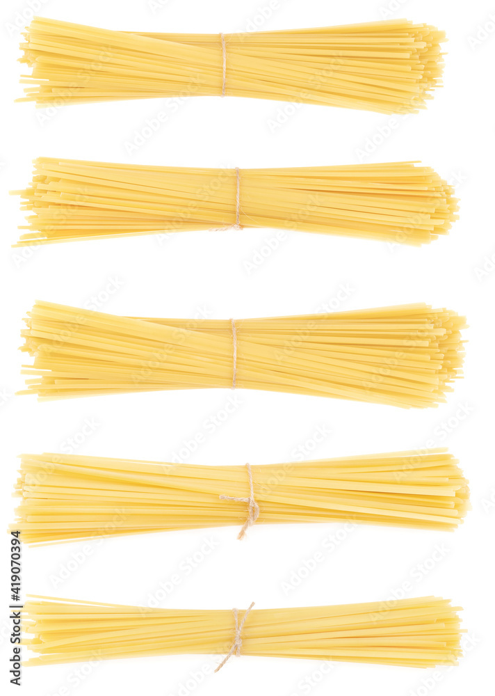 Collage bunch of pasta isolated on white background. spaghetti tied with rope Collage bunch of pasta isolated on white background. spaghetti tied with rope