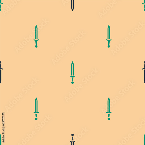 Green and black Medieval sword icon isolated seamless pattern on beige background. Medieval weapon. Vector.
