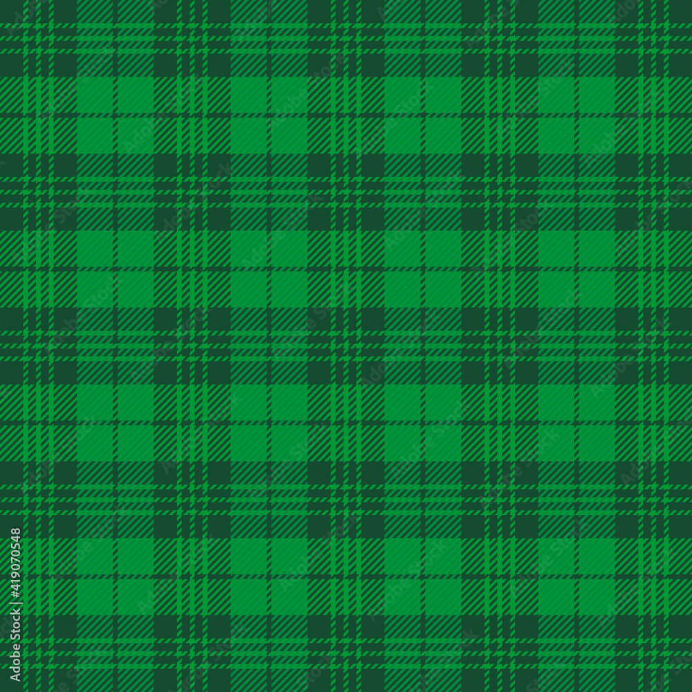 St. Patricks day tartan plaid. Scottish pattern in green and dark green cage. Scottish cage. Traditional Scottish checkered background. Seamless fabric texture. Vector illustration St. Patricks day tartan plaid. Scottish pattern in green and dark green cage. Scottish cage. Traditional Scottish checkered background. Seamless fabric texture. Vector illustration