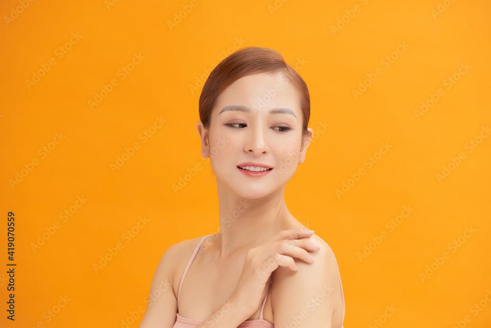 Beauty Woman face Portrait. Beautiful model Girl with Perfect Fresh Clean Skin color lips purple red.