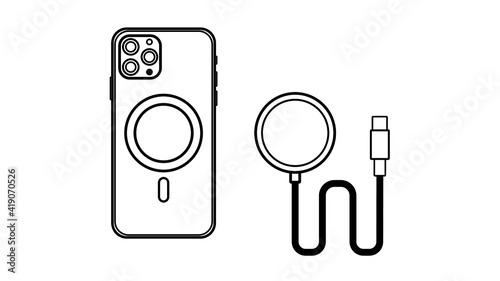 Outline line drawing backside of modern smartphone, Wireless Charger, Cable Charge, USB Type-C Cable Smart Device icon Isolate on White Background.