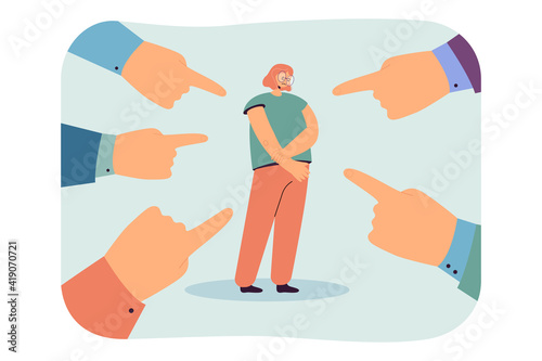 Fingers pointing at sad depressed girl. People accusing young woman. Cartoon vector illustration for victim blaming, conviction, denunciation, guilt or shame concept