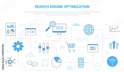 seo search engine optimization concept with icon set template banner with modern blue color style