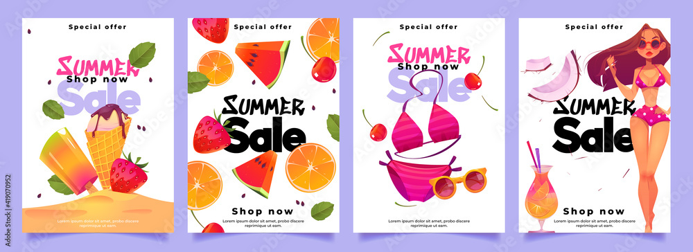 Summer sale banners with woman in bikini, cocktail, ice cream and fresh fruits. Social media post template for promotion and advertising. Vector set of posters with cartoon girl in swimsuit - obrazy, fototapety, plakaty 