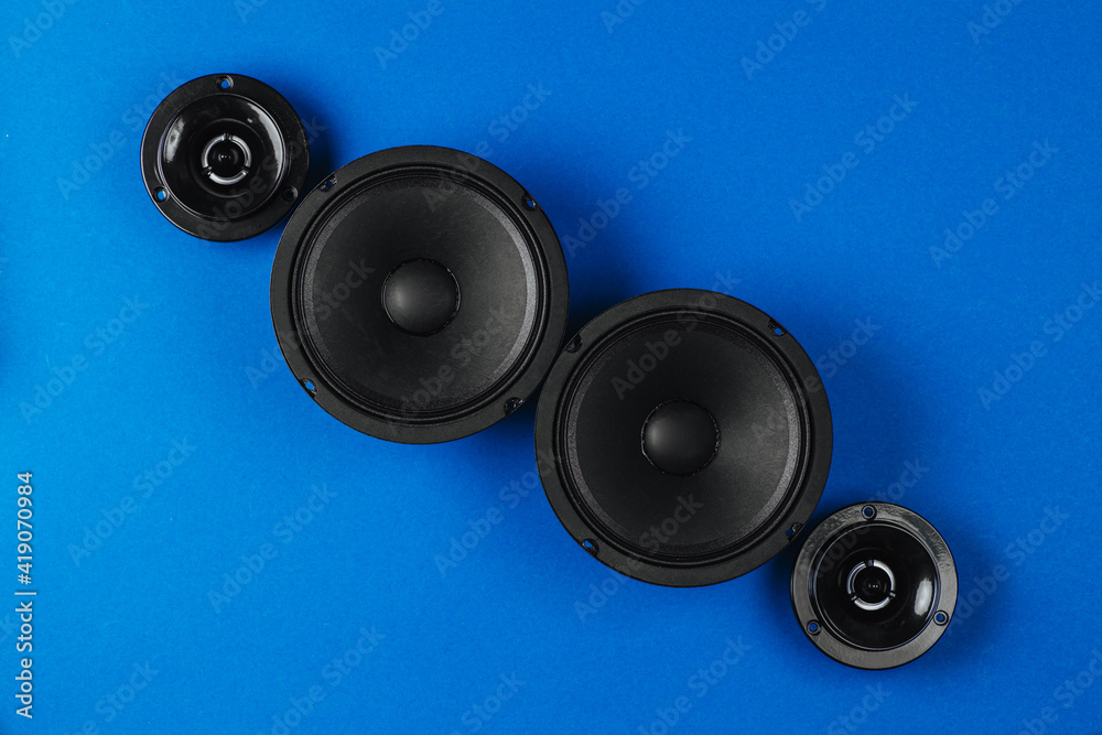 Car audio, car speakers, on a blue background. Car audio, car speakers, on a blue background.