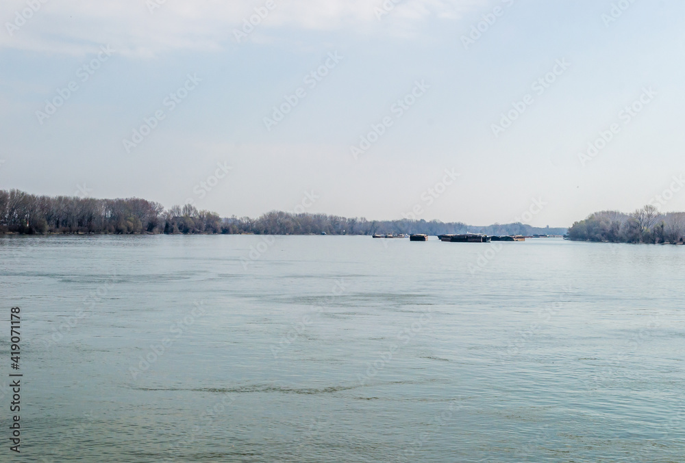 Anchored tankers on the Danube River, at the entrance from Petrovaradin to Novi Sad. 