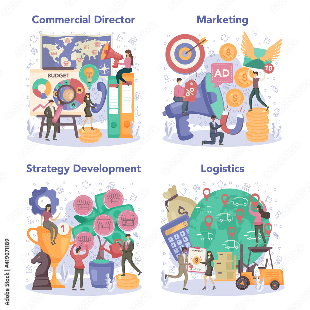 Commercial director concept set. Sales manager developing business plan
