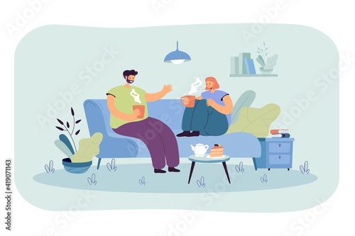 Young couple spending romantic evening together in their apartment. Man and woman sitting on sofa in cozy room, drinking coffee and talking. Vector illustration for love, home, hygge concept