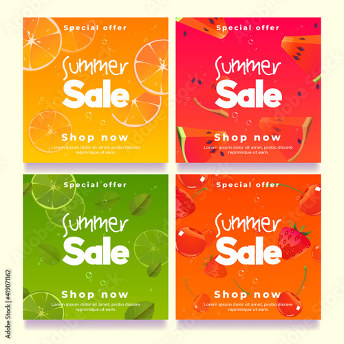 Summer sale banners, social media post template. Vector set of square posters for promotion and advertising with cartoon illustration of fruit slices, watermelon, orange, strawberries and cherries