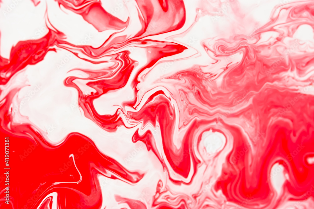 Red and white fluid art, abstract creative background with acrylic paints. Dynamic lines, free movement, outburst of emotions, passion, free natural form. The concept of strawberries with cream. Red and white fluid art, abstract creative background with acrylic paints. Dynamic lines, free movement, outburst of emotions, passion, free natural form. The concept of strawberries with cream.