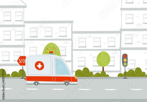 Cartoon ambulance on road. Street in the city. Cute texture hand draw illustration. Vector 