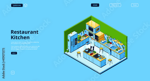 Restaurant kitchen banner. Modern furniture and cooking appliances for professional cook. Vector landing page with isometric illustration of chef on cafe or canteen kitchen