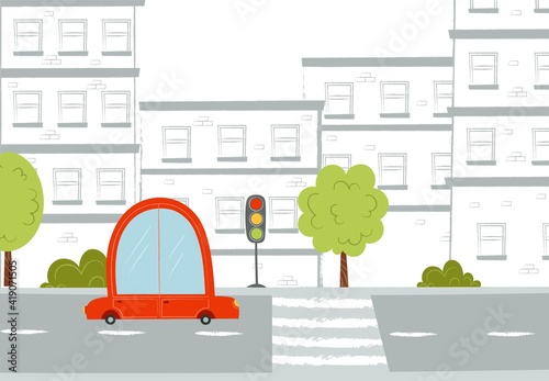 Cartoon red car on road. Street in the city. Cute texture hand draw illustration. Vector 