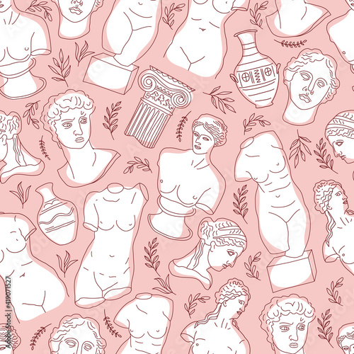 Ancient Greece and Rome set tradition and culture vector seamless pattern. The linear trend of the ancient surface pattern, Ancient Greece and Ancient Rome. Surface pattern on pink.