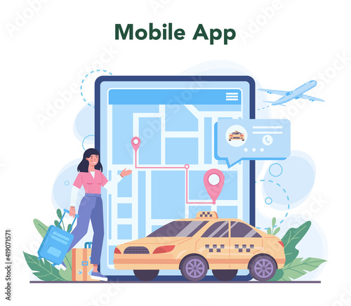 Taxi service online service or platform. Yellow taxi car. Automobile cab