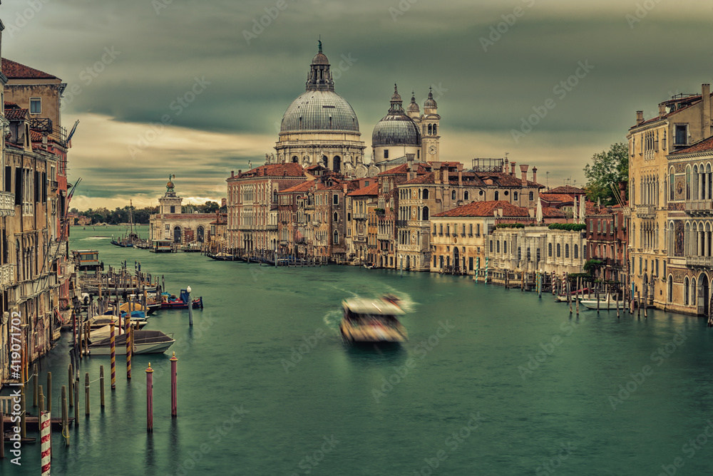 View of the Grand Canal and the Basilica of Santa Maria della Salute from the Academy Bridge.