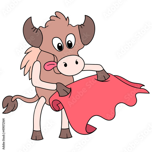 Spanish bull is in a matador style carrying a red cloth, doodle icon image kawaii