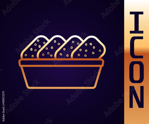 Gold line Chicken nuggets in box icon isolated on black background. Vector Illustration.