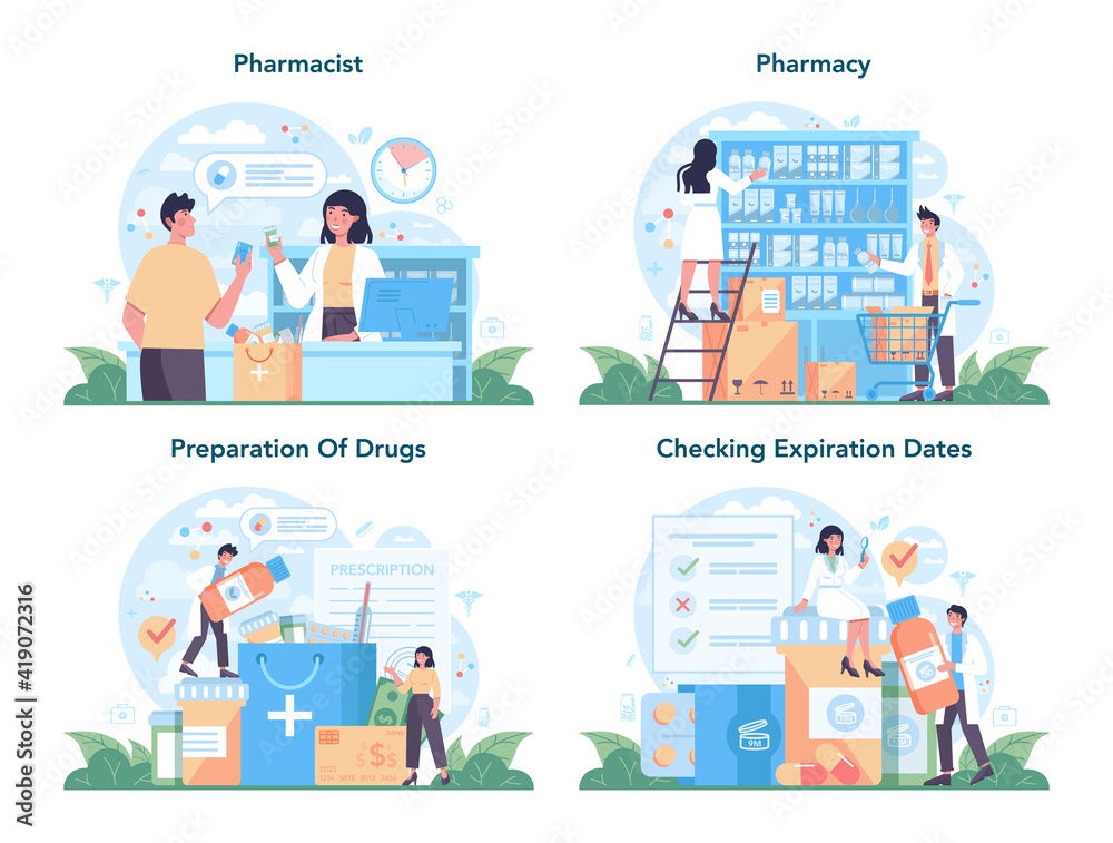 Pharmacy concept set. Pharmacist preparing and selling drugs