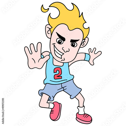 the boy basketball player is in a defensive pose, doodle icon image kawaii