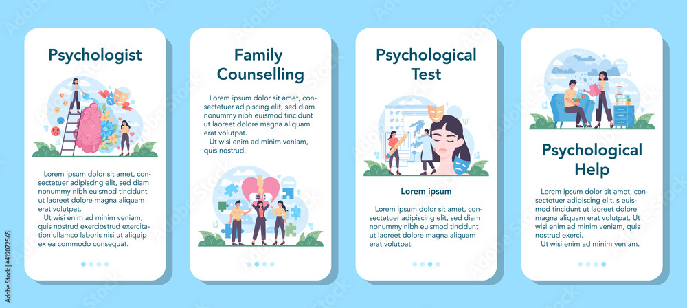 Psychologist mobile application banner set. Mental health diagnostic. Psychologist mobile application banner set. Mental health diagnostic.