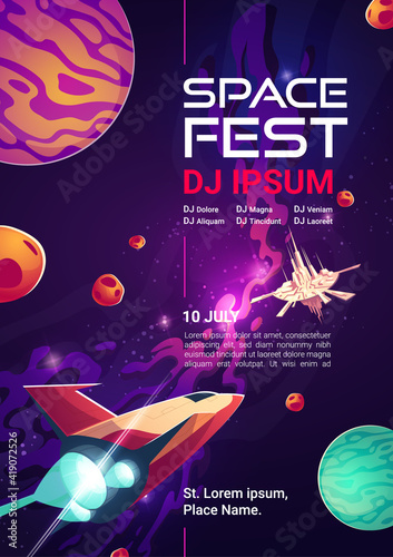 Space fest cartoon web banner, invitation to music show or concert with dj performance. Shuttle and alien station in galaxy with planets. Cosmos, universe fantasy background, vector illustration