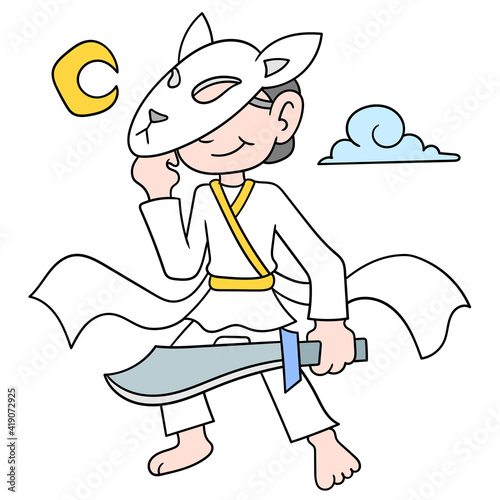 a hitman carrying a sword in the middle of the night wearing a mask ready to attack, doodle icon image kawaii