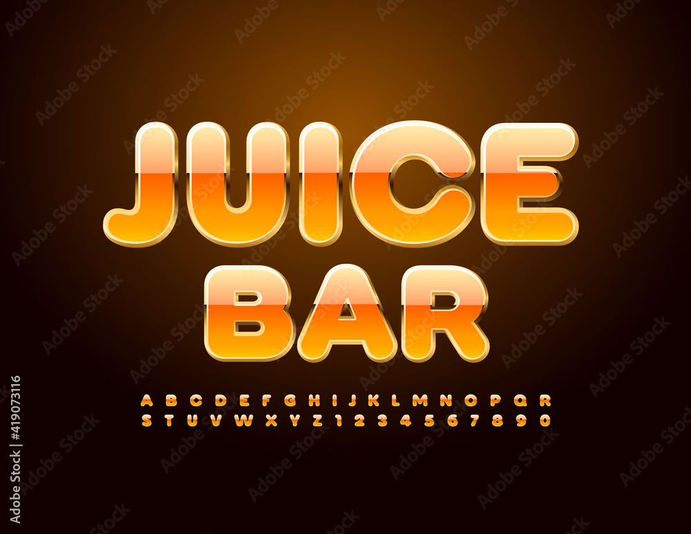 Vector stylish logo Juice Bar. Bright shiny Font. Orange and Gold elite