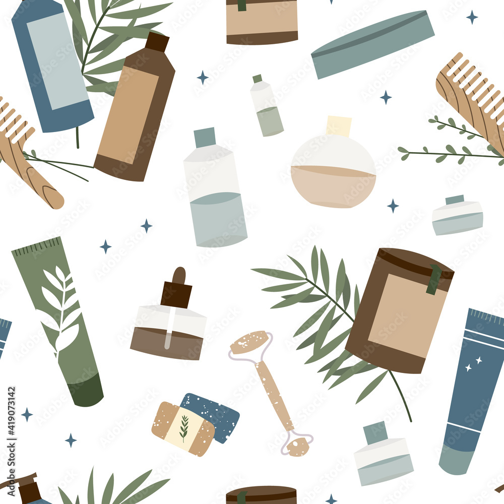 Natural skin care. Organic cruelty-free cosmetics. Vegan makeup. Herbal beauty products face and body care. Vector flat cartoon illustration, seamless pattern Stock Vector | Adobe Stock