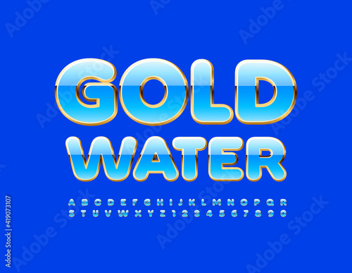 Vector luxury concept Gold Water. Modern premium Font. Glossy Alphabet Letters and Numbers set