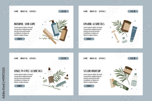 Natural skin care. Organic cruelty-free cosmetics. Vegan makeup. Herbal beauty products for face and body care. Vector flat cartoon illustration. Perfect for landing page, banner design, website