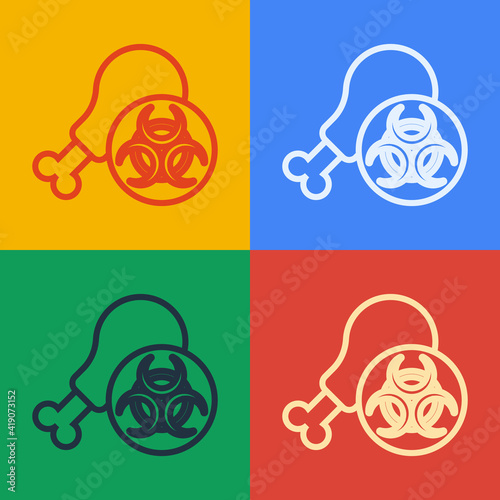 Pop art line Gmo research chicken icon isolated on color background. Syringe being injected to chicken. Vector.