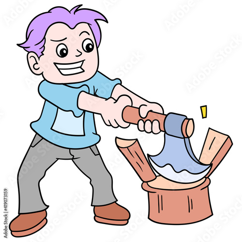 a woodcutter boy was using an ax to break wood, doodle icon image kawaii