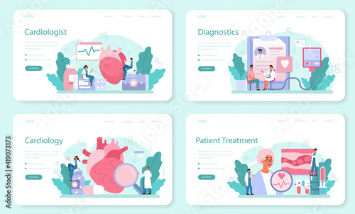 Cardiologist web banner or landing page set. Idea of heart care