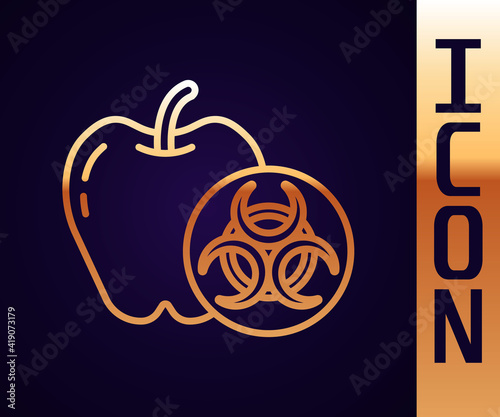 Gold line Genetically modified apple icon isolated on black background. GMO fruit. Vector.