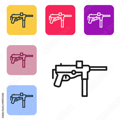 Black line Submachine gun M3, Grease gun icon isolated on white background. Set icons in color square buttons. Vector.