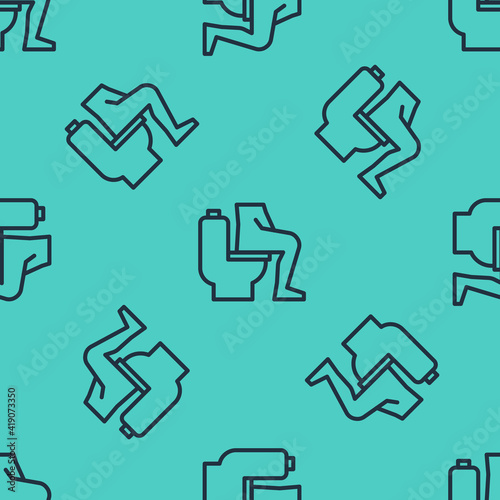 Black line Men sitting on the toilet and Constipation are experiencing severe abdominal pain icon isolated seamless pattern on green background. Vector.